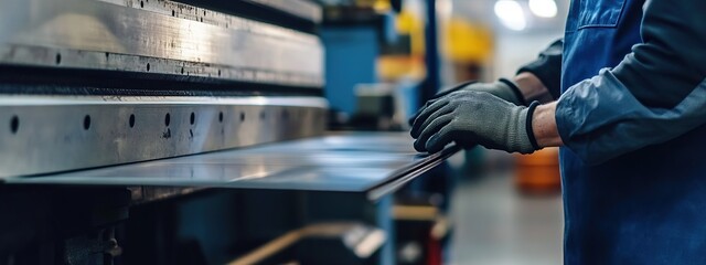 Workers hand bend metal sheets using machines. Modern steel plate cutting industry