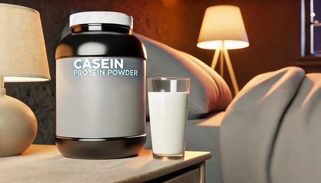 Casein Protein Powder with Glass of Milk on a Nightstand