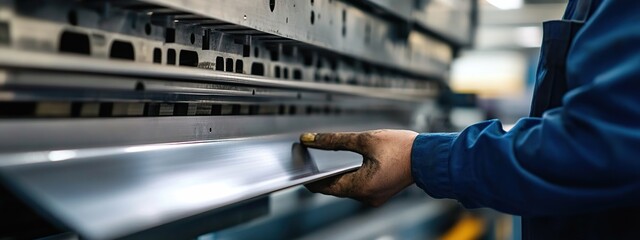 Workers hand bend metal sheets using machines. Modern steel plate cutting industry