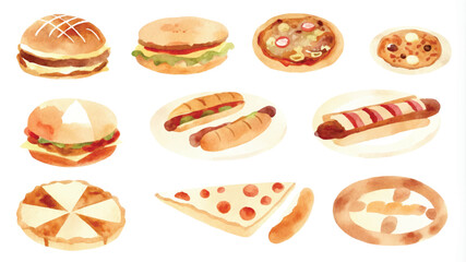 watercolor fast food set of hamburger, hot dog and pizza