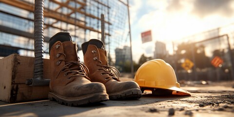 Work boots and hard hat at construction site.