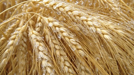 Golden Wheat Ears Glistening with Water Drops in a Close-Up View, Capturing the Beauty of Nature and Agriculture in a Sunny Field Setting