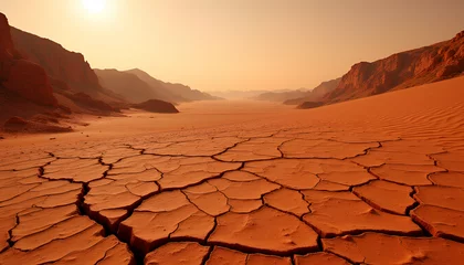Fototapeten Cracked desert landscape with warm lighting, showcasing detailed textures in rust-red earth and sandy dunes  © Yosich1961