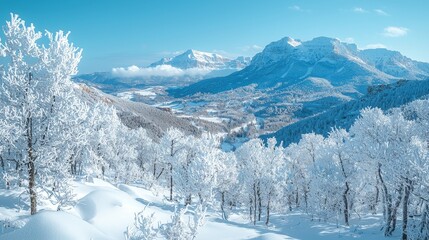 Fototapeta premium Serene winter landscape with snow-covered trees and distant mountains