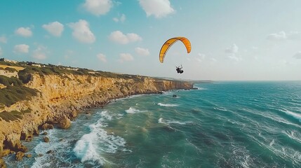 Paramotor pilot gliding effortlessly near the dramatic cliffs and crashing waves of the coastal landscape capturing the thrill and freedom of extreme outdoor adventure sports
