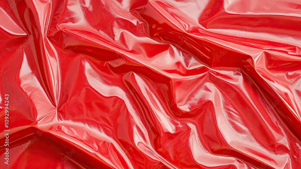 Poster glossy red plastic sheet wrapping paper with crumpled texture for creative design and artistic backg