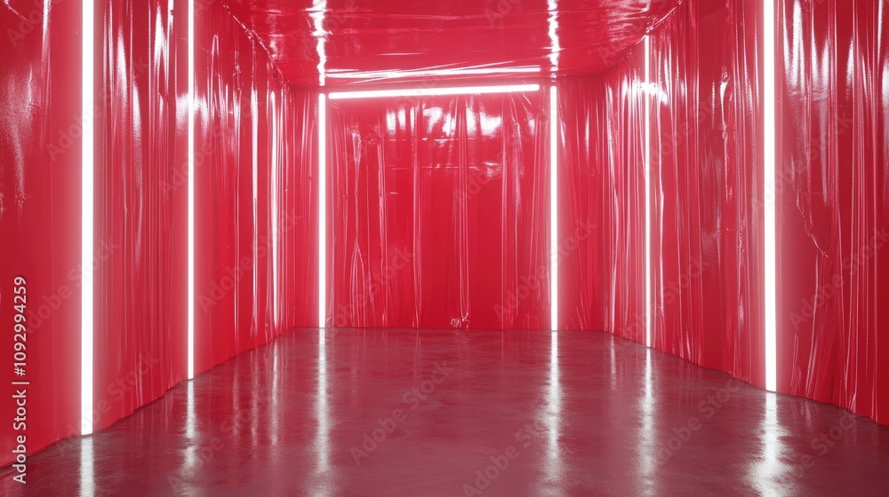 Poster vivid red room with glossy walls and neon lights creating an abstract and futuristic atmosphere for 