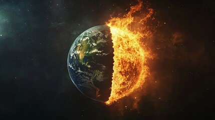 Earth Day Concept with Split Earth: Half on Fire, Half Green. AI generated illustration