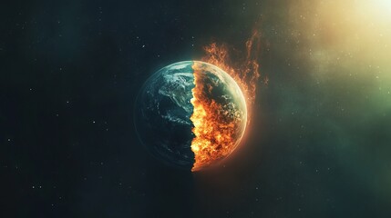 Earth Day Concept with Split Earth: Half on Fire, Half Green. AI generated illustration