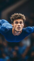 Male gymnast in mid-air, performing a dynamic move.