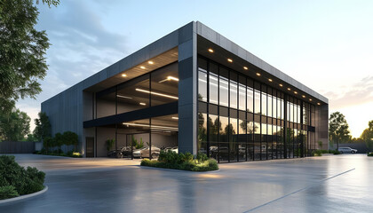 Fototapeta premium Multi purpose warehouse spaces. Modern industrial building with large glass windows and sleek design, showcasing multipurpose space ideal for various uses.parking area