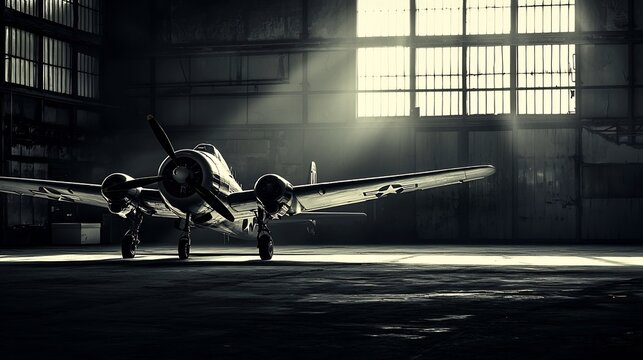 Black and white photograph showcasing a vintage fighter jet aircraft inside a historic hangar capturing the atmosphere of heritage and nostalgia associated with the golden age of aviation