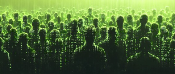 Crowd with Heads Composed of Glowing Green Binary Code. AI generated illustration
