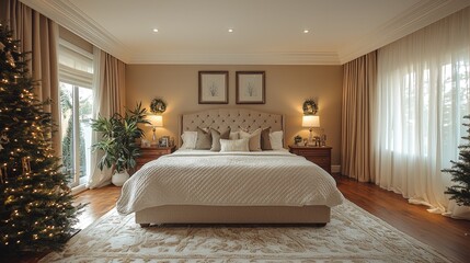 Cozy bedroom decorated for the holiday season with festive trees and warm lighting