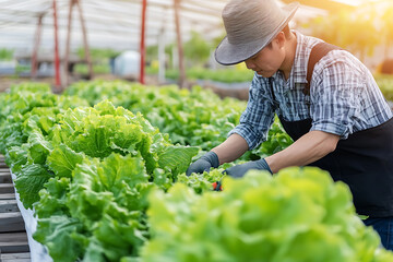 A large greenhouse filled with neatly arranged rows of fresh lettuce plants, with a worker carefully observing their growth.