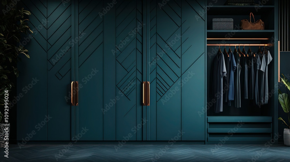 Poster minimalist wardrobe in matte teal, featuring fine vertical lines and a chevron pattern, accented wit