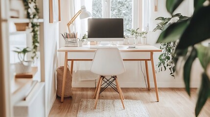 Scandinavian inspired home office featuring a light wood desk a white chair and a soft rug under the desk creating a comfortable and productive workspace with a peaceful natural ambiance