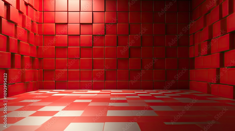 Poster abstract red room with geometric boxes creating a warm and vibrant atmosphere, perfect for creative 