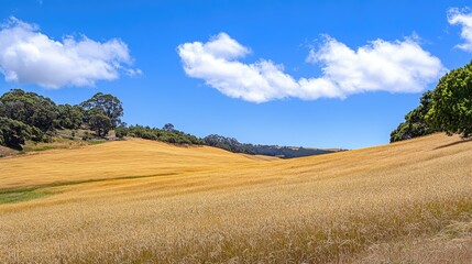 Fototapeta premium Expansive Golden Wheat Fields Under a Brilliant Blue Sky with Fluffy White Clouds Showcasing the Beauty of Nature's Agricultural Landscapes and Serenity