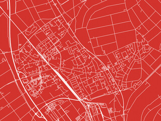 Christmas Map of Dormagen, Germany in Snowy White on Festive Red Background.