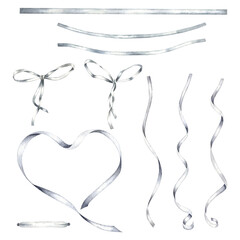 Curly ribbons, bows, stitch thread. Hand drawn watercolor illustration of serpentine on isolated background. Streamers set for party, birthday, Valentine's Day, Christmas, New Year celebration.