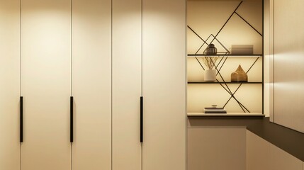 Minimalistic cream-colored wardrobe with long, black metal handles, accompanied by a geometric shelf holding decor items. A sophisticated touch of contrast and structure in a contemporary space.