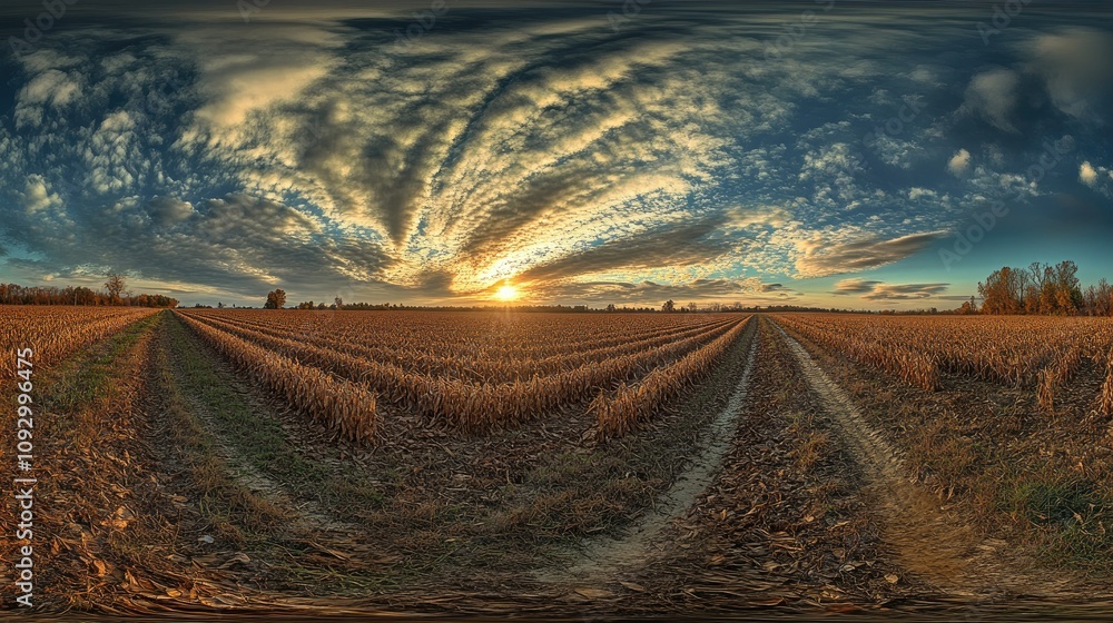 Poster expansive view of a golden sunset over stalks of corn in open fields surrounded by vibrant clouds an