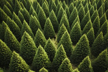 Aerial View of Pine Forest in the Carpathian Mountains with Small Person. AI generated illustration