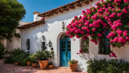 A charming mediterranean style home with terracotta roof tiles white walls, Ai Generated