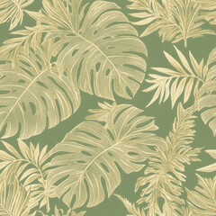 Fototapeta premium botanical pattern, golden outlines of fern fronds and mostera leaves on a muted green background.