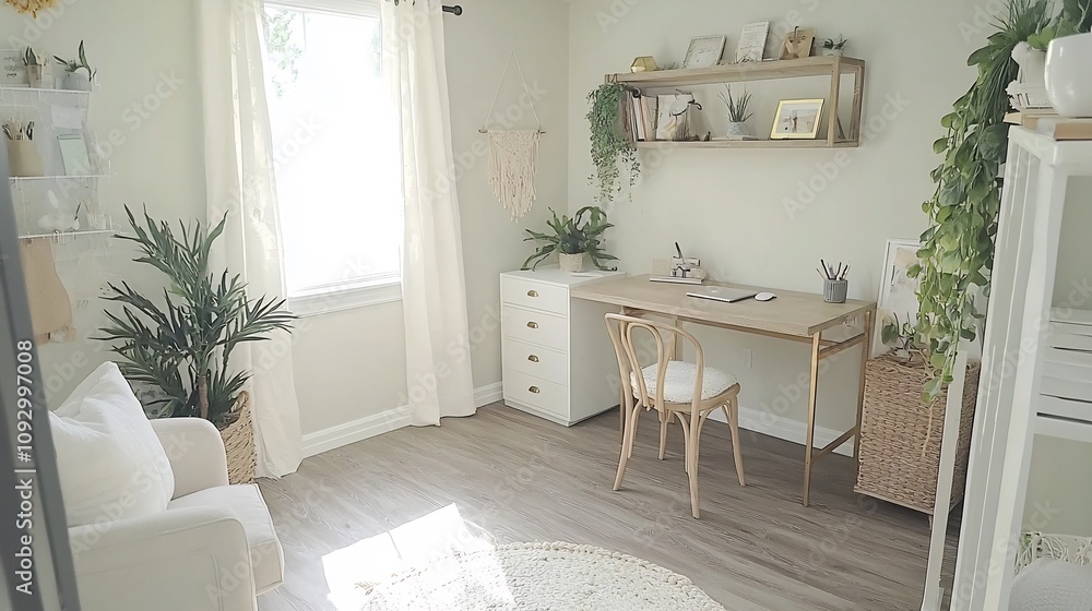 Poster bright and inviting neutral toned workspace featuring an open shelf a small desk and a comfortable o