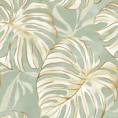 botanical pattern, golden outlines of mostera leaves on a muted green background.