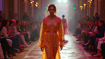Fototapeta premium Vibrant Winter Runway Highlight: Bold Colors and Statement Pieces from Fashion Week 2024