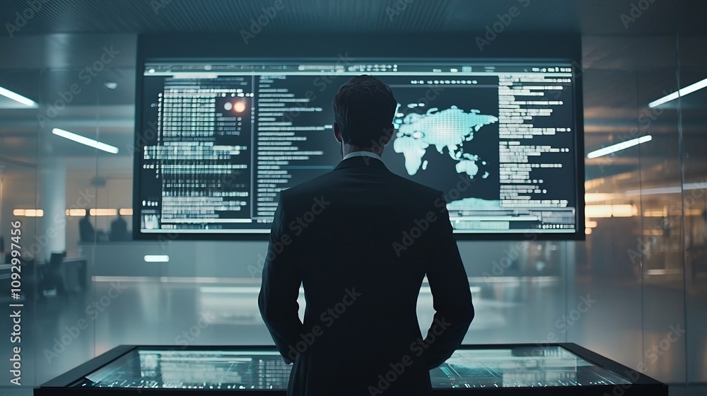 Poster business professional closely examining ai driven marketing analytics data displayed on a futuristic