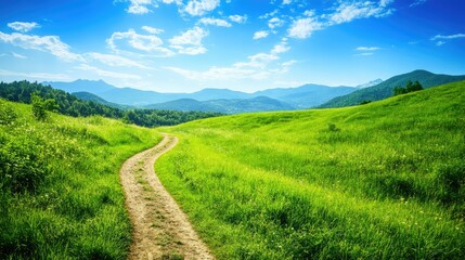 Fototapeta premium Serene Landscape Featuring Winding Path Through Lush Green Grass Under Clear Blue Sky with Rolling Hills and Distant Mountains in Vibrant Natural Environment
