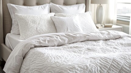 Freshly made bed with white linens and fluffy pillows