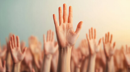 Political Rally and Supportive Applause, A powerful image of raised hands in unity, symbolizing strength, community, and the call for change in society.