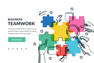 Idea problem solution, teamwork concept. Hands with puzzle and magnifying glass. Vector hand drawn sketch illustration