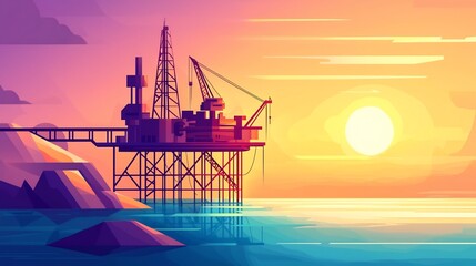 Obraz premium Striking modern flat design of an offshore oil rig platform silhouetted against a vibrant colorful sunset or sunrise sky over a calm sea creating a bold impactful visual scene