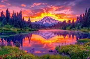 Sunset Over Mount Rainier with Reflection in Alpine Lake. AI generated illustration