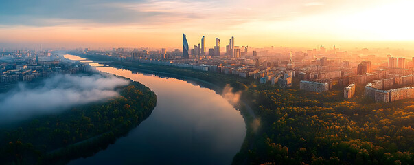 Fototapeta premium Highangle view of a modern capital cityscape with rivers, bridges, and skyscrapers, early morning mist