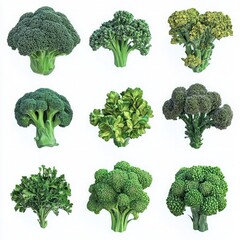 A collection of various broccoli types displayed in a grid format.