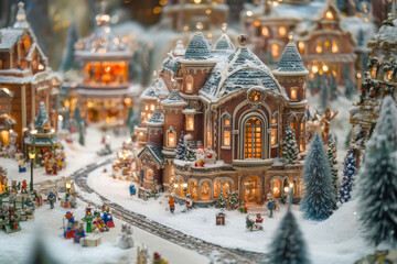 Obraz premium A small town scene with a Christmas theme. The houses are decorated with lights and snow, and there are people playing in the snow. The atmosphere is festive and joyful