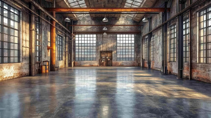 Fototapeta premium Multi purpose warehouse spaces. spacious, versatile multipurpose warehouse with large windows, exposed brick walls, and polished concrete floors, ideal for various activities and events