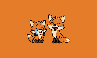 Fototapeta premium Two cartoon foxes showing happy and sad emotions.