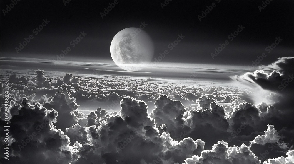 Poster captivating image showcasing the moon peeking through fast moving dark clouds creating a striking co