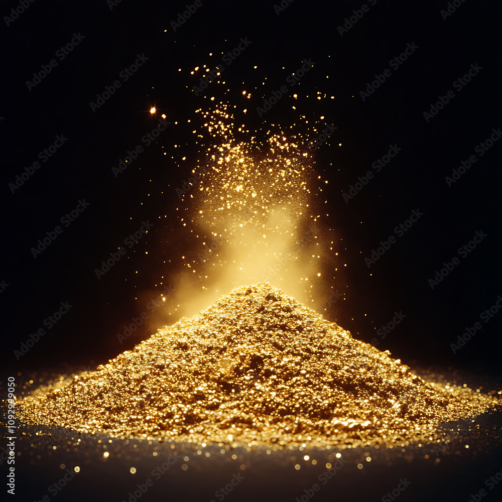 Poster pile of sparkling gold dust glimmers under direct light, creating mesmerizing effect. shimmering par