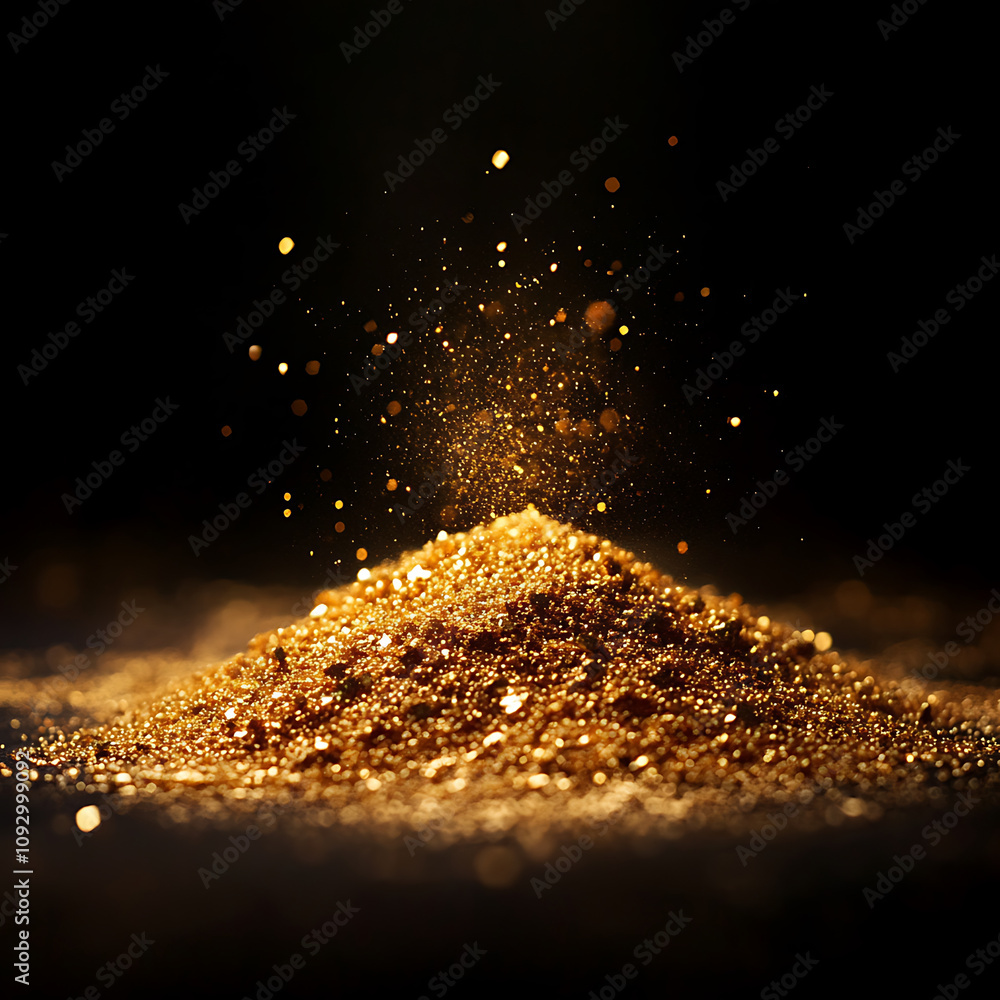 Poster pile of sparkling gold dust glimmers under direct light, creating mesmerizing effect. shimmering par