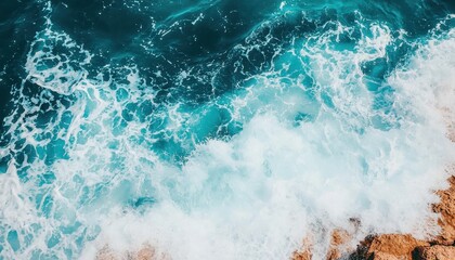 Cool blue ocean waves crashing against rocks, with room for text, [banner], [natural beauty and tranquility].