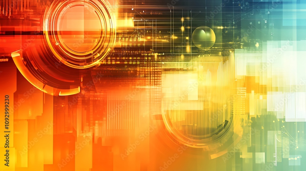 Aufkleber abstract technological background with vibrant orange and green hues, featuring circular and rectang